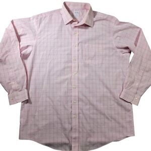 Brooks Brothers Dress Shirt Mens 17.5 6/7 Pink Plaid Button Up READ*